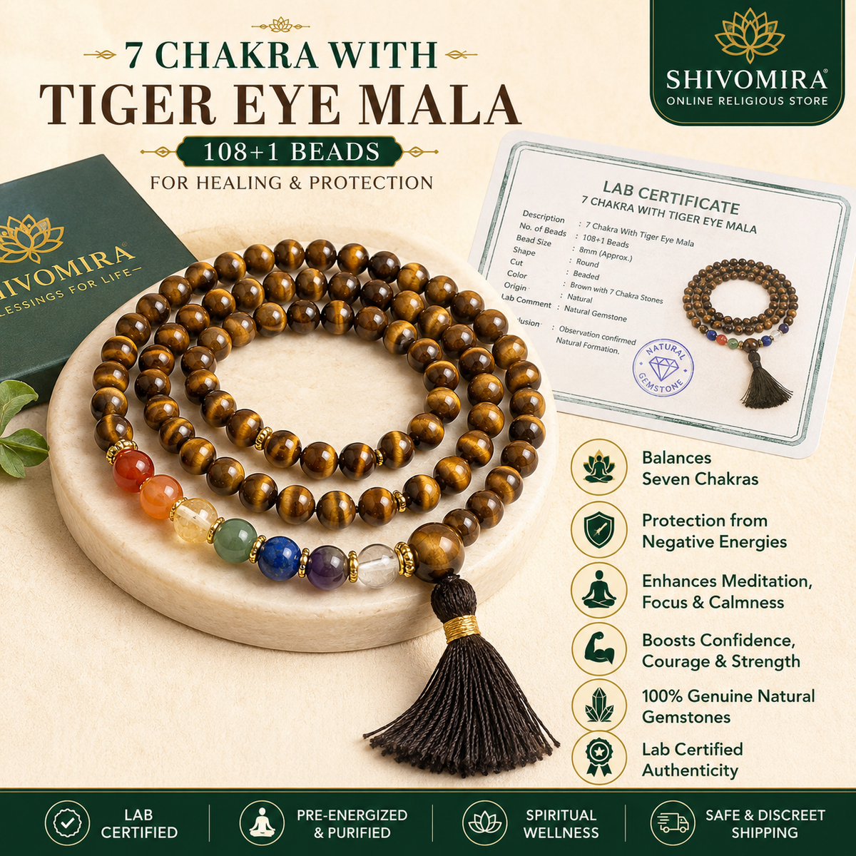 7 Chakra with Tiger Eye Mala 108+1 Beads for Healing & Protection