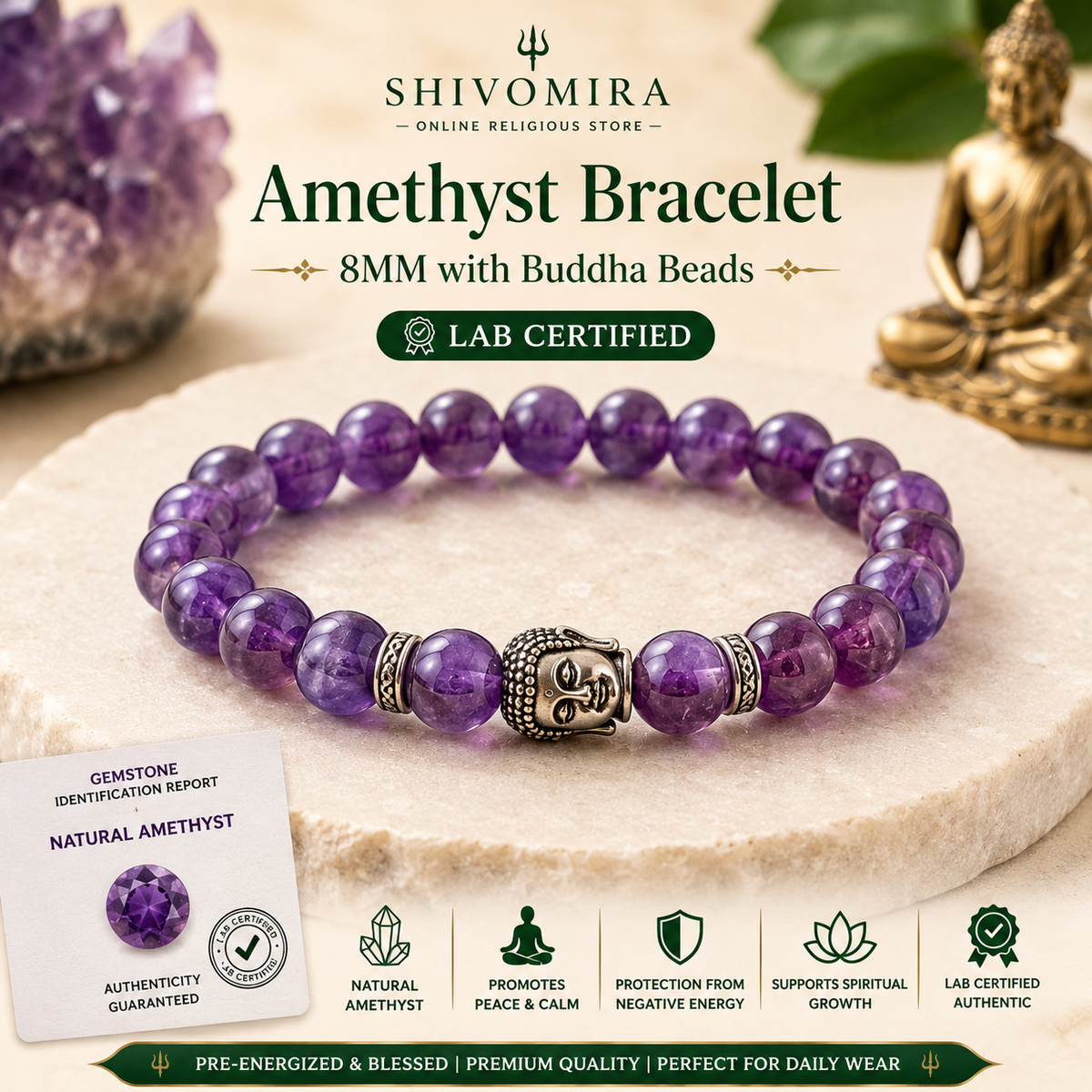 Amethyst Bracelet (8mm) with Buddha Bead Lab Certified for Spiritual Healing