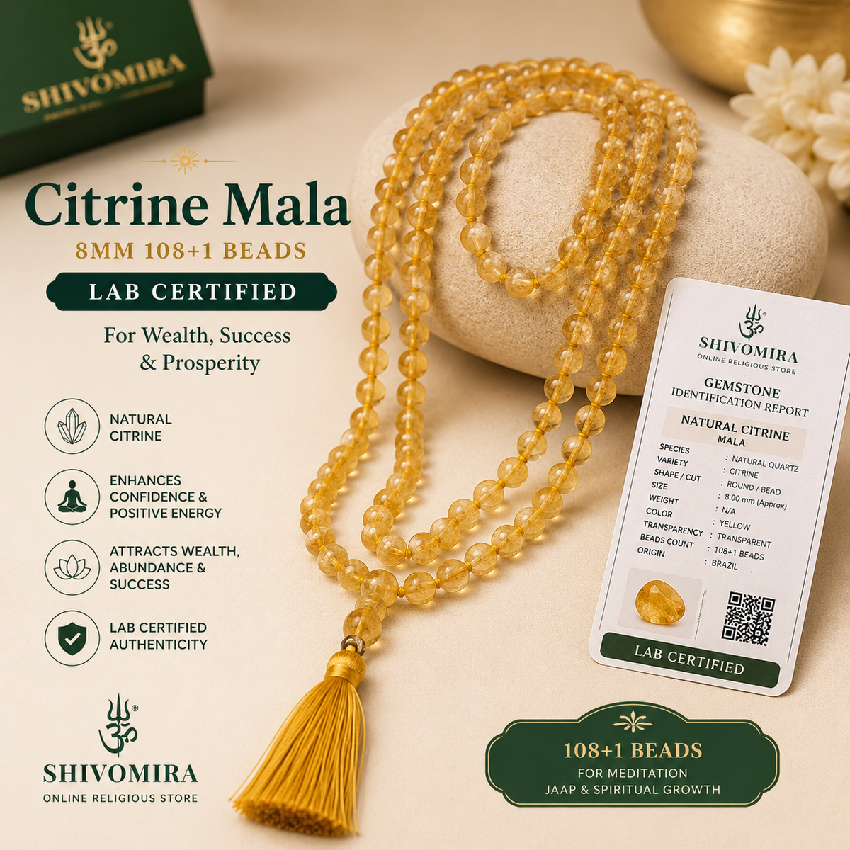 Citrine Mala 8MM with Lab Certificate 108+1 Beads for Wealth and Success