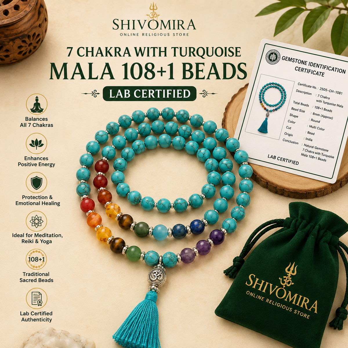 7 Chakra with Turquoise Mala 108+1 Beads Certified for Healing