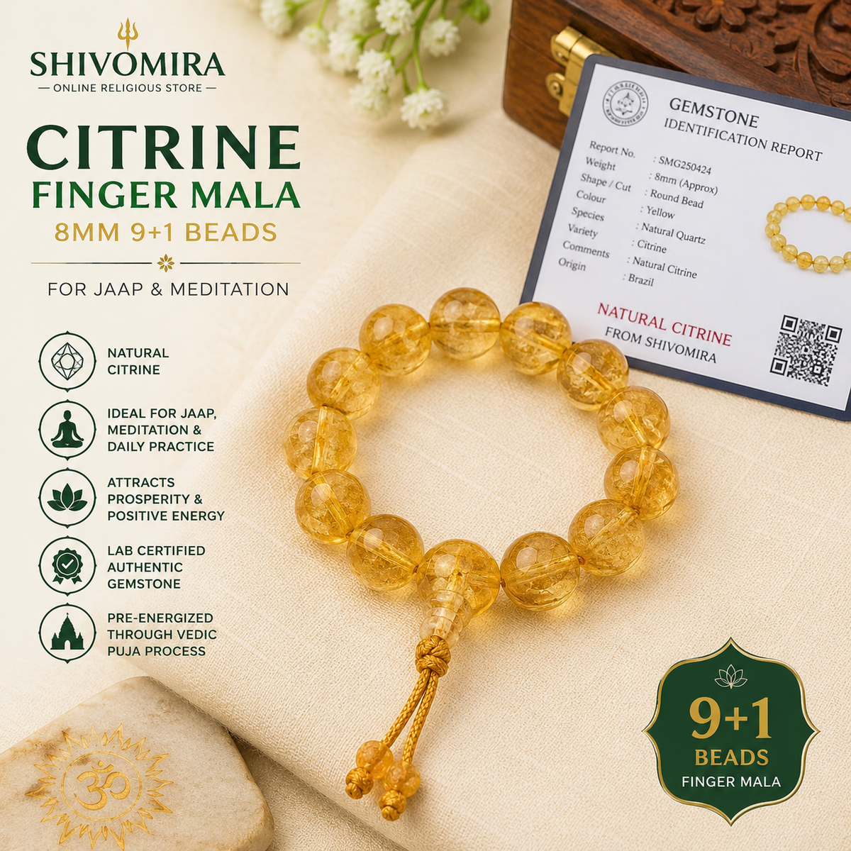 Citrine Finger Mala 8MM 9+1 Beads with Lab Certificate for Jaap