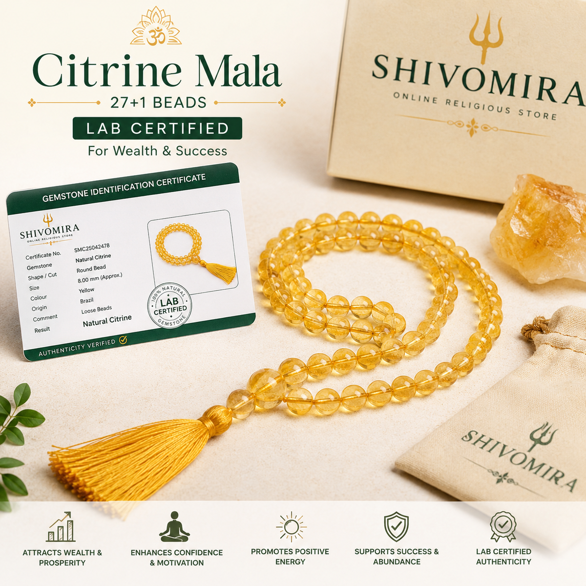 Citrine Mala 27+1 Beads with Lab Certificate for Wealth & Success